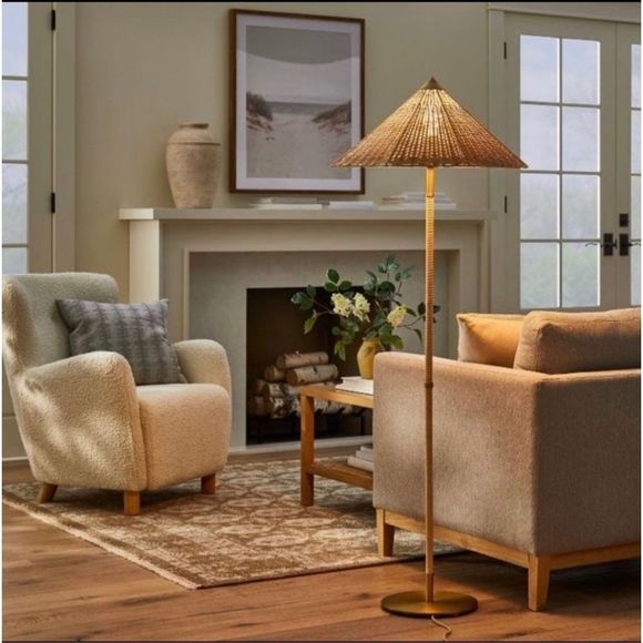 Floor Lamp Gold Iron with Tapered Rattan Shade Studio McGee Threshold - Picture 2 of 5